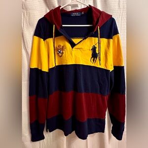 Men’s long sleeve size medium classic fit hooded rugby.Navy, maroon, gold.